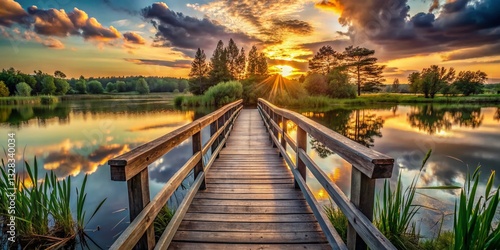 Rustic Wooden Bridge Over Calm Lake - Scenic Nature Stock Photo