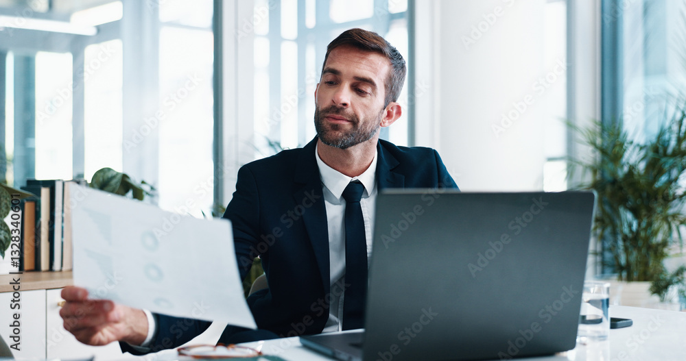 Businessman, documents and laptop with financial report for corporate finance or performance at office. Man, accountant or analyst with paperwork, graph or chart for company budget at workplace Businessman, documents and laptop with financial report for corporate finance or performance at office. Man, accountant or analyst with paperwork, graph or chart for company budget at workplace