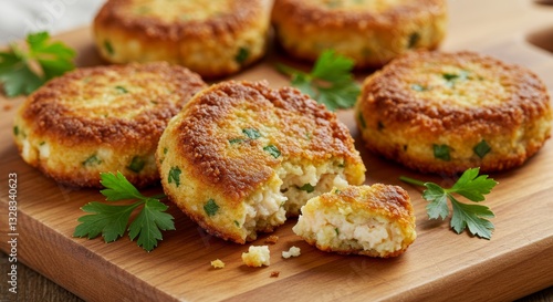 Delicious Golden Brown Fried Fish Cakes Crispy Crust Parsley Garnish Wooden Board