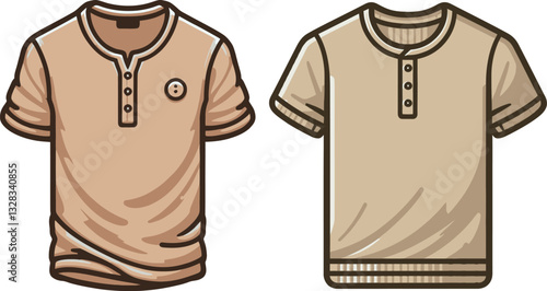 Tan Beige Color Henley shirt long sleeve And short sleeve Technical Drawing Flat Drawing Template.