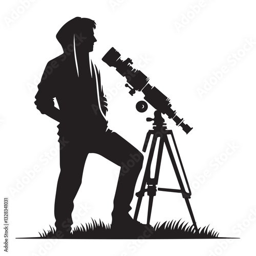 Hooded Astronomer with Telescope Silhouette Vector Art Illustration