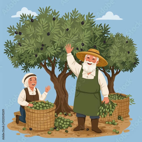 Harvesting Olives Together Cheerful Farmers Gathering Fresh Fruit in Orchard