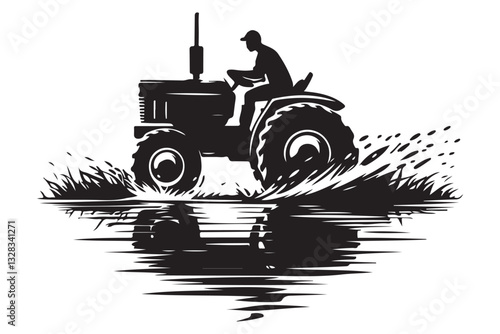 Farmer driving tractor silhouette plowing field illustration art vector