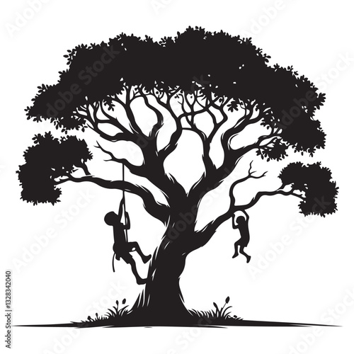 Silhouette children tree climbing rope swing playground vector illustration