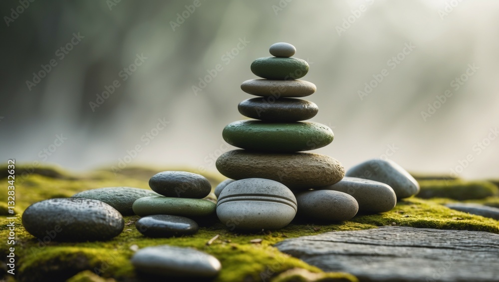 Zen stone stack on a tranquil beach with natural rocks balancing in harmony Zen stone stack on a tranquil beach with natural rocks balancing in harmony