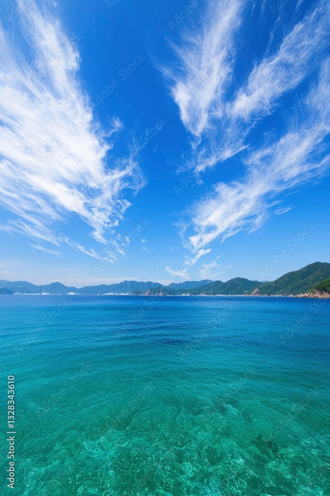 Serene coastal scene with clear turquoise water under a vibrant blue sky adorned with wispy clouds Serene coastal scene with clear turquoise water under a vibrant blue sky adorned with wispy clouds