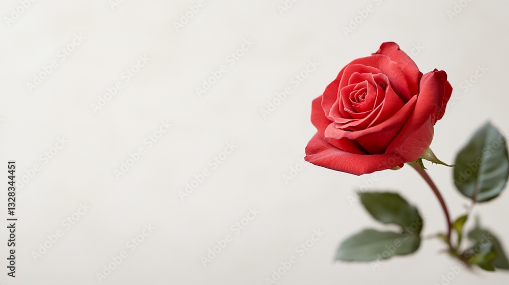 Close-up of a vibrant red rose in full bloom, leaves visible Close-up of a vibrant red rose in full bloom, leaves visible