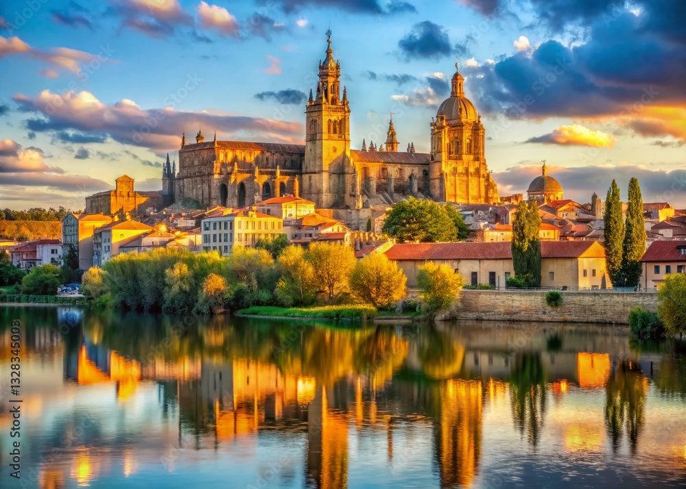 Salamanca Spain: Majestic New Cathedral & Tormes River Panorama - Old Town View Salamanca Spain: Majestic New Cathedral & Tormes River Panorama - Old Town View