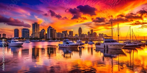 San Diego Waterfront Silhouette Aerial: Dramatic Sunset over Boats and Cityscape