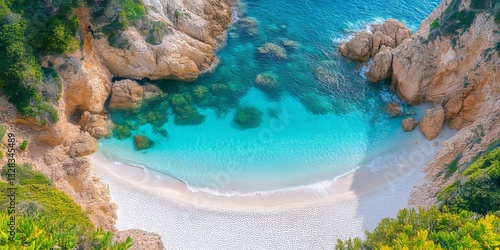 Fototapeta Naklejka Na Ścianę i Meble -  Breathtaking turquoise water gently lapping the white sand beach in sardinia, italy