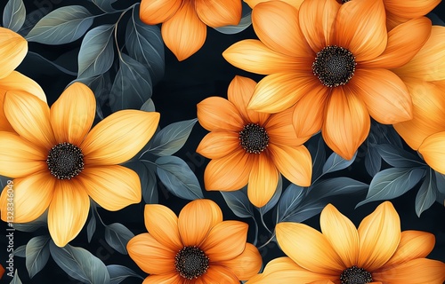 Wallpaper Mural flower pattern flower fabric pattern fabric pattern seamless fabric Vibrant orange sunflowers against a dark background, showcasing natural beauty. Torontodigital.ca
