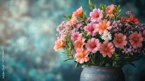 Peach blossom bouquet in rustic vase, teal background