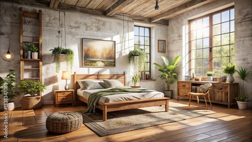 Scandi-Boho Bedroom: Natural Wood Furniture, White Walls, Frame Backdrop