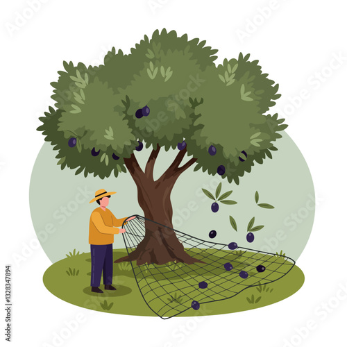 Harvesting Olives with a Net Illustration in a Rural Setting