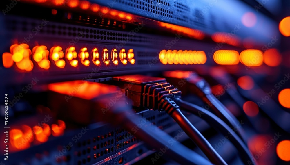 Network server illuminated with glowing lights and connected cables. High-tech data center Network server illuminated with glowing lights and connected cables. High-tech data center