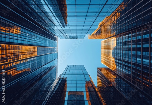 Wallpaper Mural Remarkable View Looking Up at Glass Skyscrapers in Urban City During Golden Hour with Vibrant Reflections Against Clear Blue Sky Torontodigital.ca