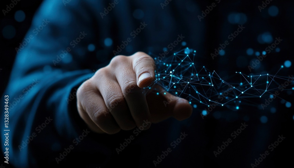 Hand interacting with a digital network, nodes and connections visualized. Abstract concept Hand interacting with a digital network, nodes and connections visualized. Abstract concept