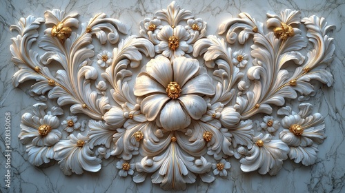Ornate floral wall relief, gold accents, marble background
