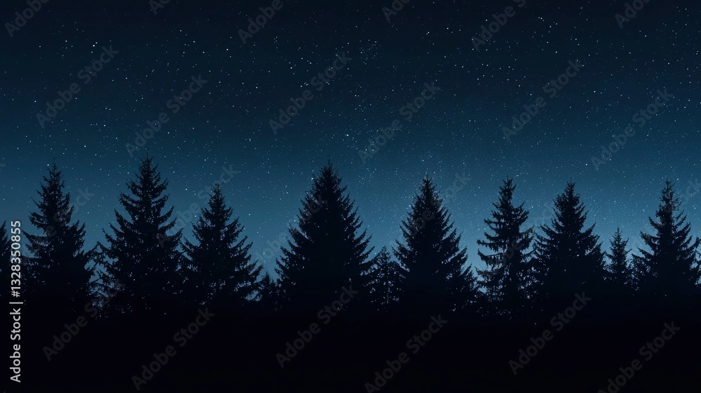 Fototapeta premium Silhouetted pine trees against a twilight sky filled with stars