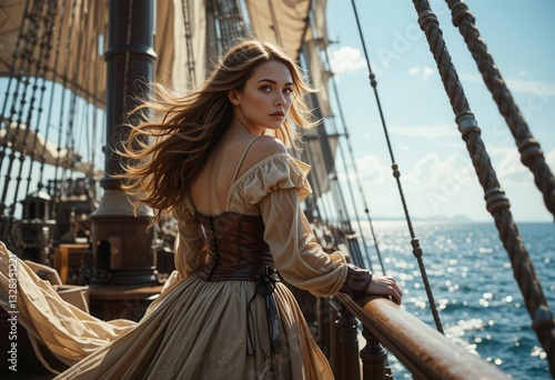 Young woman in historical dress aboard a sailing ship at sea