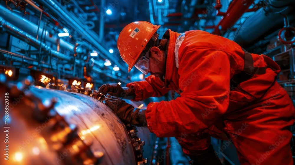 Naklejka premium Worker in orange jumpsuit performs maintenance on large industrial machinery