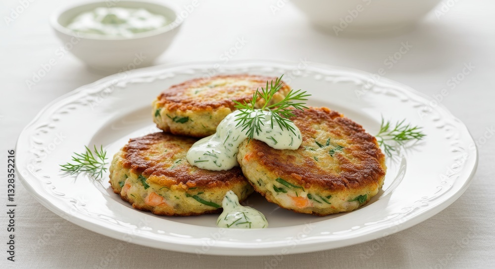 Delicious Homemade Fish Cakes with Creamy Dill Sauce Garnish Close up Food Photography Delicious Homemade Fish Cakes with Creamy Dill Sauce Garnish Close up Food Photography