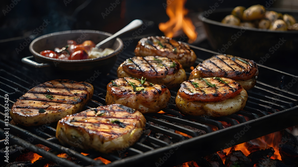 Grilling Meat and Vegetables on Barbecue Grill with Burning Flames Grilling Meat and Vegetables on Barbecue Grill with Burning Flames