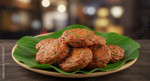 Fotografie Delicious Thai Tod Mun Pla Fish Cakes on Banana Leaf Appetizer Food Photography