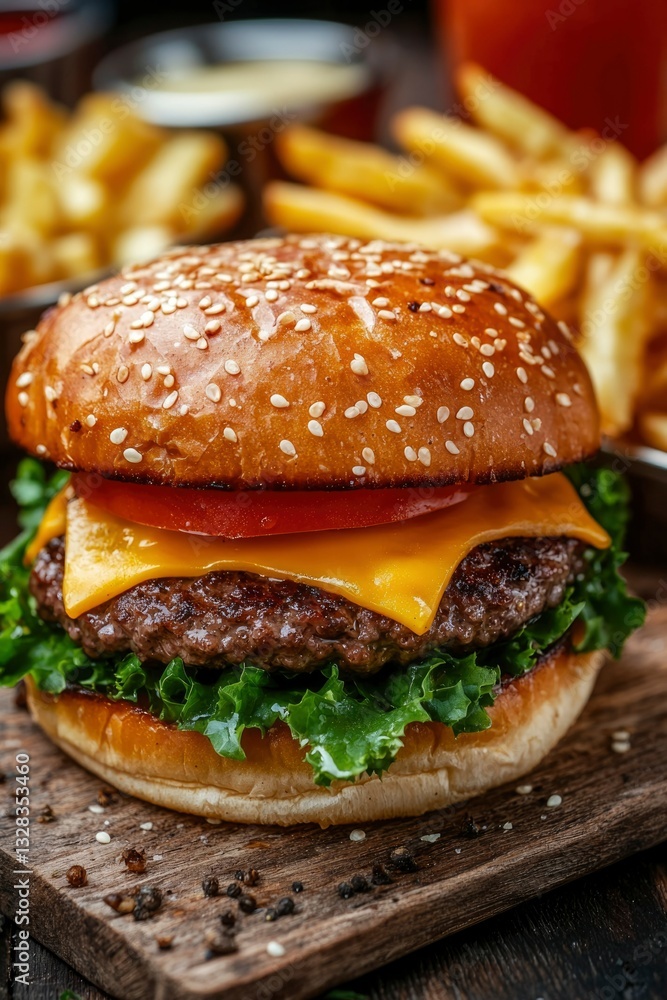Juicy cheeseburger on sesame bun with lettuce, tomato, and melted cheese, served with golden french fries Juicy cheeseburger on sesame bun with lettuce, tomato, and melted cheese, served with golden french fries