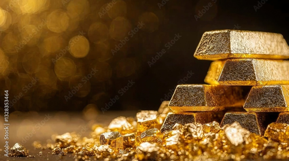 Stacked gold bars and nuggets on dark background. Wealth, luxury concept Stacked gold bars and nuggets on dark background. Wealth, luxury concept