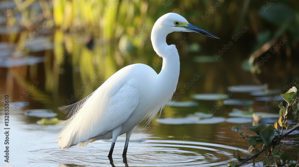 Naklejka premium A white heron stands gracefully in shallow water, surrounded by greenery.