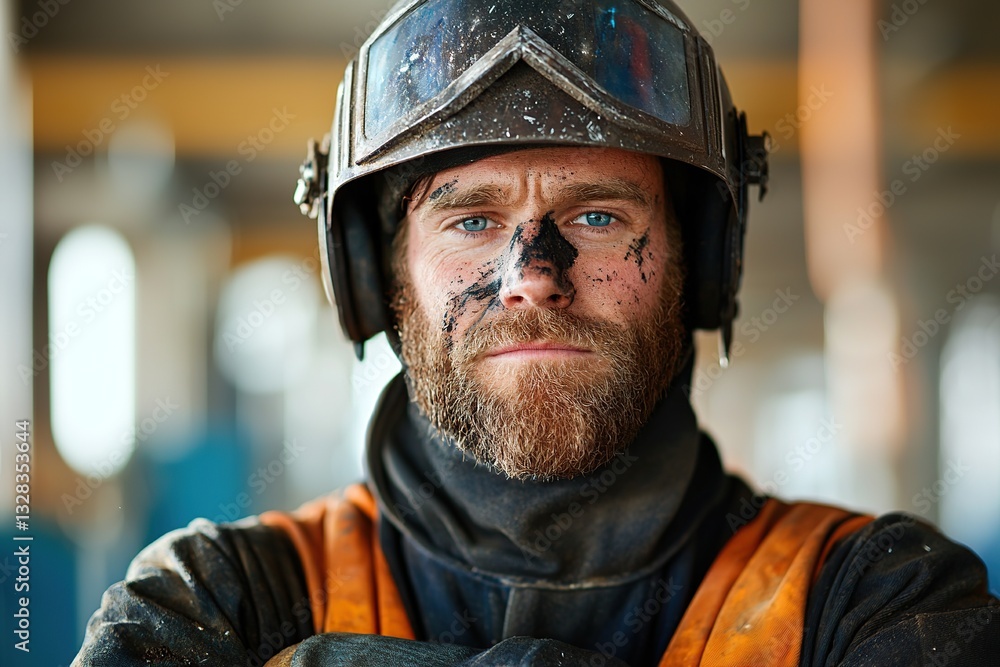 A rugged worker with a beard, wearing a helmet and covered in dirt, stands confidently in a construction setting.