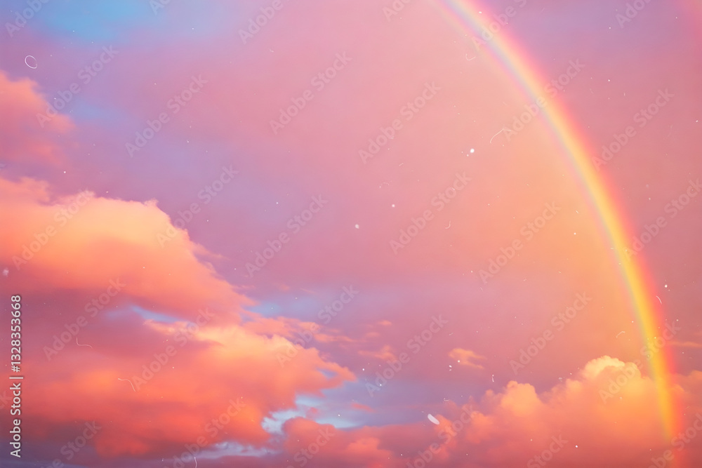 clouds scene is created by vibrant colors painted across sky, giving double rainbow an ethereal appearance clouds scene is created by vibrant colors painted across sky, giving double rainbow an ethereal appearance