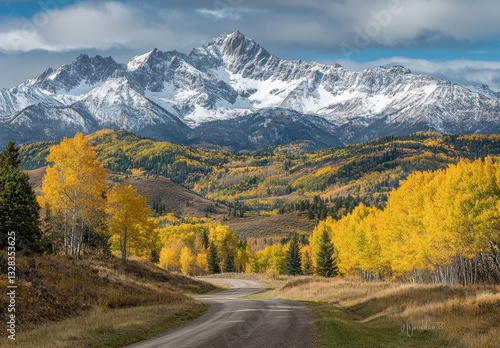 Scenic Autumn Landscape with Majestic Snow-Capped Mountains and Vibrant Yellow Aspen Trees Under a Dramatic Sky