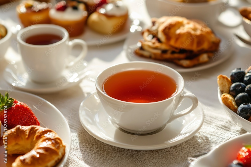 Sunlit teacup & pastries on table. A delightful breakfast spread Sunlit teacup & pastries on table. A delightful breakfast spread