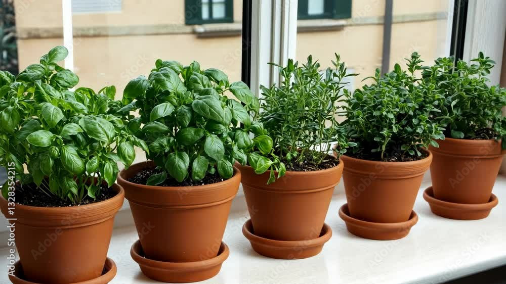 Indoor herb garden with basil, rosemary, and thyme in terracotta pots on a windowsill Indoor herb garden with basil, rosemary, and thyme in terracotta pots on a windowsill
