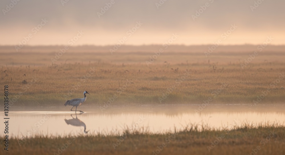 Fototapeta premium Serene Dawn: A Common Crane's Tranquil Stroll Across Misty Wetlands