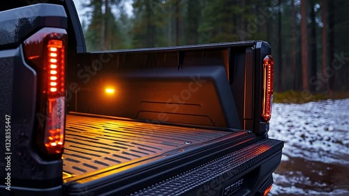 Pickup truck bed lit up at night