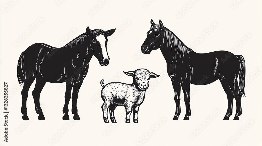 Fototapeta premium Silhouettes of horses and a lamb. Vintage style farm animals. Possible use stock photo for agricultural posters or children's books