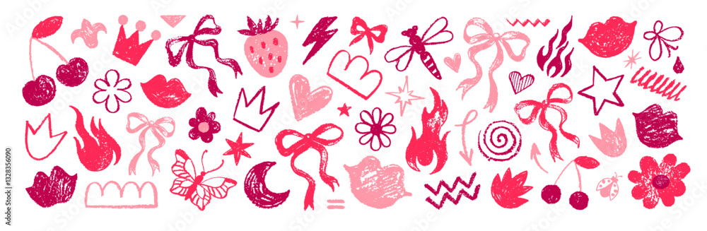 Bow and heart girl coquette pattern. Cute crayon girly vector. Retro cherry flower kiss strawberry butterfly bg. Vintage pink Valentine Wedding bow ribbon print. Line shape doodle set. Y2k coquette