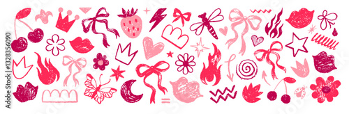 Bow and heart girl coquette pattern. Cute crayon girly vector. Retro cherry flower kiss strawberry butterfly bg. Vintage pink Valentine Wedding bow ribbon print. Line shape doodle set. Y2k coquette