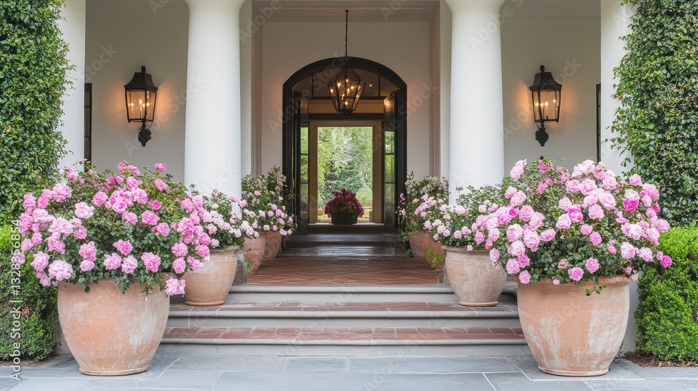 A charming floral entrance with symmetrical flower-filled pots on each side. A charming floral entrance with symmetrical flower-filled pots on each side.