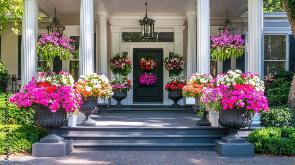 Fototapeta premium A charming floral entrance with symmetrical flower-filled pots on each side.
