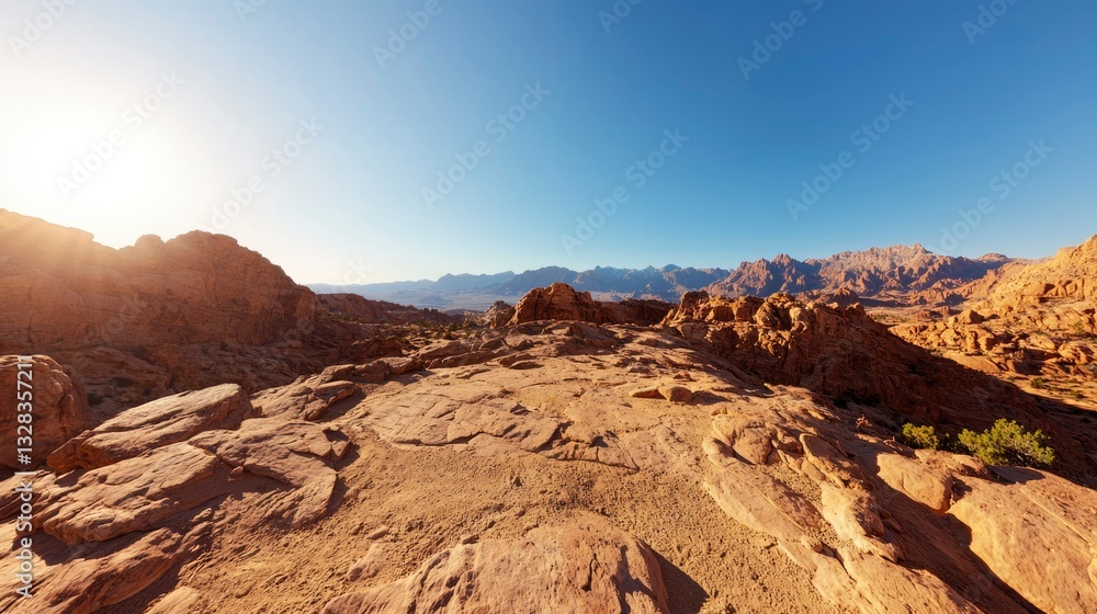 Sunlit desert landscape, rocky terrain, vast expanse, clear sky Sunlit desert landscape, rocky terrain, vast expanse, clear sky