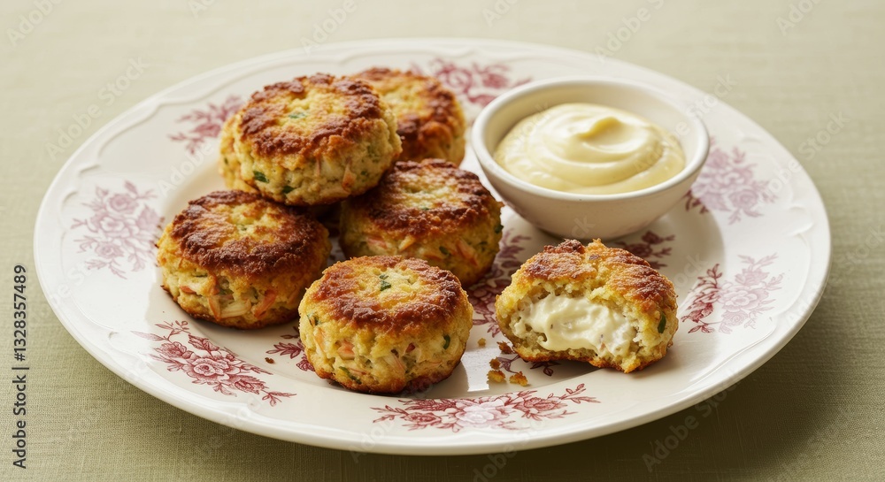 Delicious Golden Brown Crab Cakes with Creamy Sauce on a Plate Delicious Golden Brown Crab Cakes with Creamy Sauce on a Plate