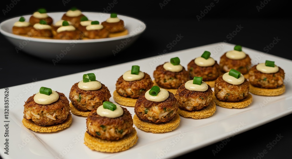 Fototapeta premium Delicious Crab Cakes Appetizers on Cornbread Gourmet Food Party Platter