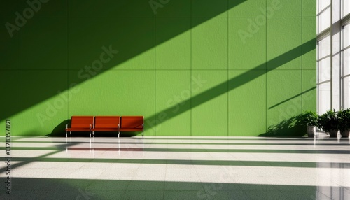 Sunlit modern interior with green wall, three orange seats, and large window