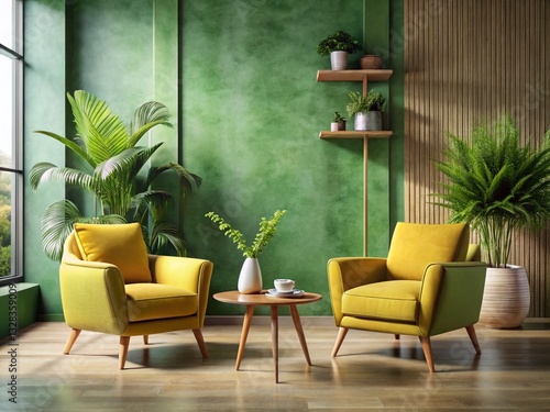 Serene Living Room: Matcha Walls, Yellow Armchairs, Long Exposure Photography