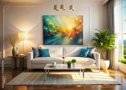 Serene Living Room: White Couch, Elegant Painting, Surreal Art Photography