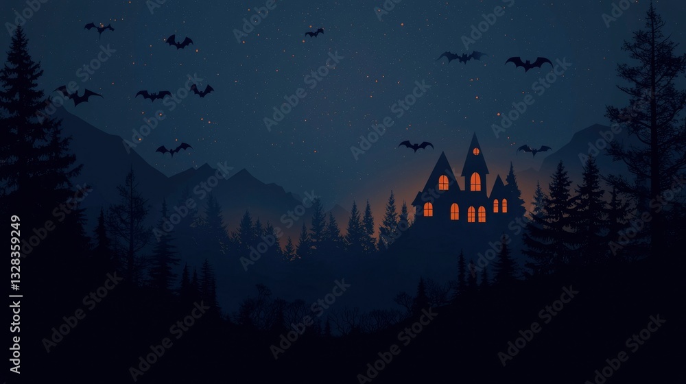 Night scene of a spooky house nestled in a dark forest, silhouetted against a starlit night sky. Bats fly overhead Night scene of a spooky house nestled in a dark forest, silhouetted against a starlit night sky. Bats fly overhead